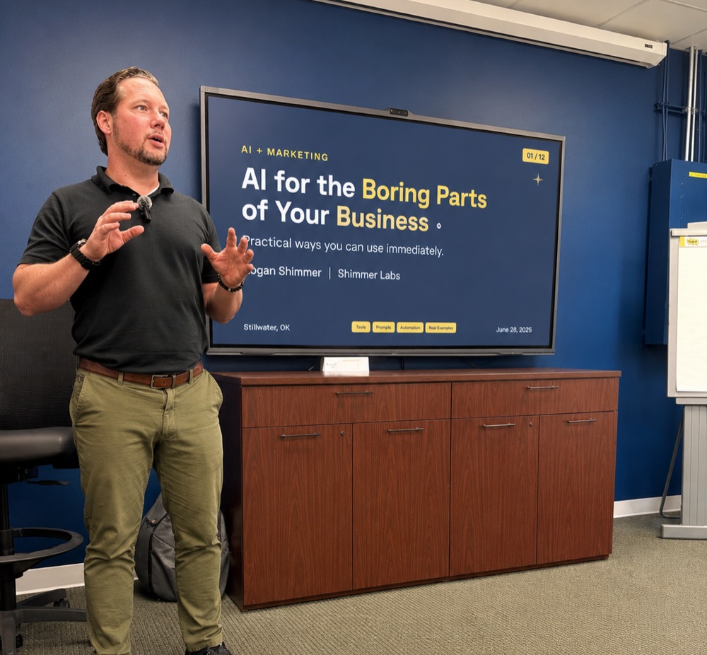 Logan Shimmer teaching an AI workshop at Meridian Technology Center in Stillwater